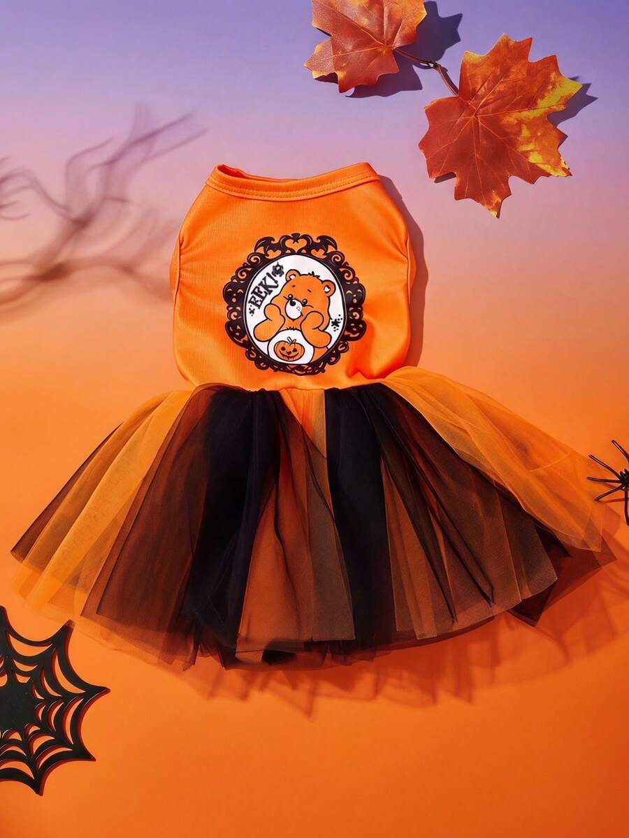 Care Bears X PETSIN 1pc Cute Little Bear Pumpkin Magic Mirror Printed Pet Skirt Soft, Comfortable, Breathable Pet Clothes - Multicolor - View 1