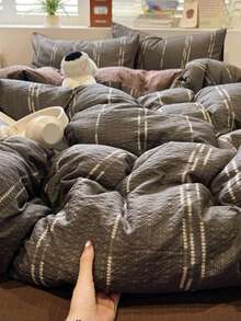 Cirelle Bộ 3 món vỏ chăn duvet kẻ sọc, chất liệu polyester mềm thoáng khí, có khóa kéo và dây buộc góc, bộ chăn ga gối phong cách hiện đại cổ điển kèm 2 vỏ gối (không kèm ruột) - 11 - Xem 9
