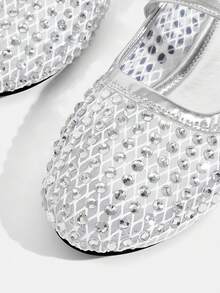 CUCCOO TILAWA Stylish And Elegant, Sparkling Rhinestone Mesh Mary Jane Mules Flats, Round Toe Sandals With Adjustable Buckle - Silver - View 6