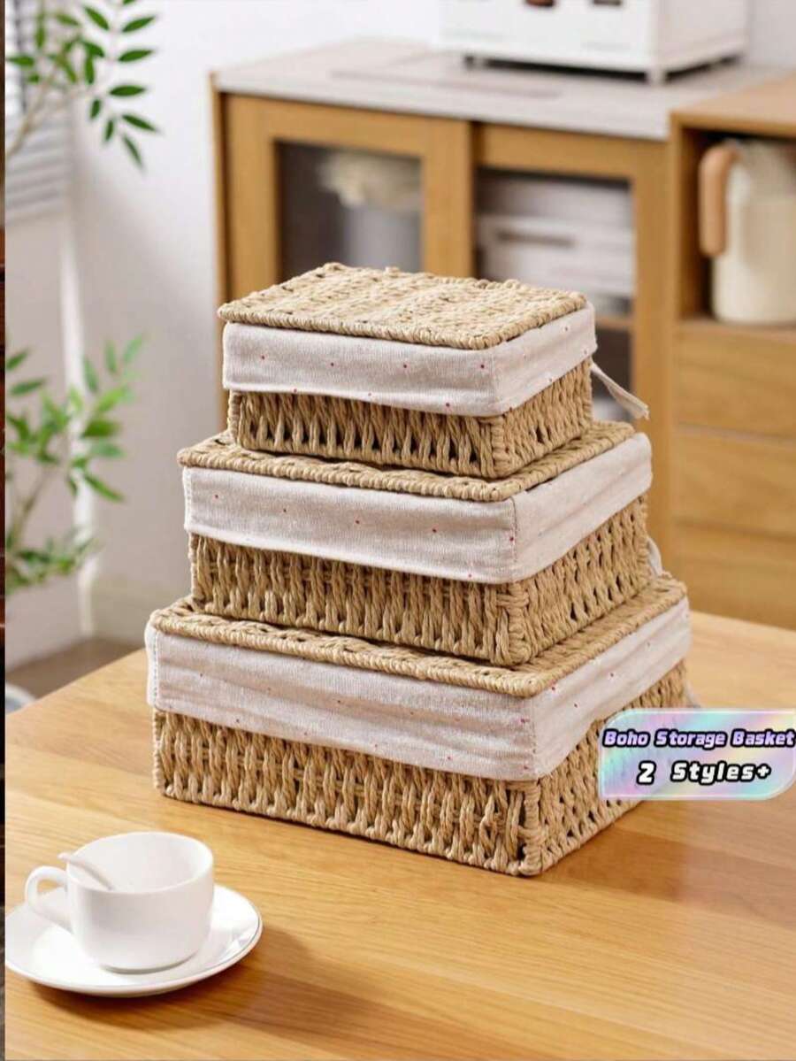 Handwoven Desktop Storage Basket With Liner Boho Home Decor Fall Autumn Organizer For Office Supplies Counter Toys Cosmetics Natural Grass Rope Rustic Farmhouse Style - coffee color - View 1