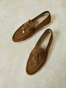 Styleloop Sepatu Loafer Kasual Model Slip-On Longgar dengan Gesper Logam dan Rumbai dari Jerami, Ujung Persegi dan Bulat, Model Celana Pendek Gaya Retro Cokelat Gelap, Bahan Imitasi Suede, Gaya Nelayan - Coffee Brown - View 5