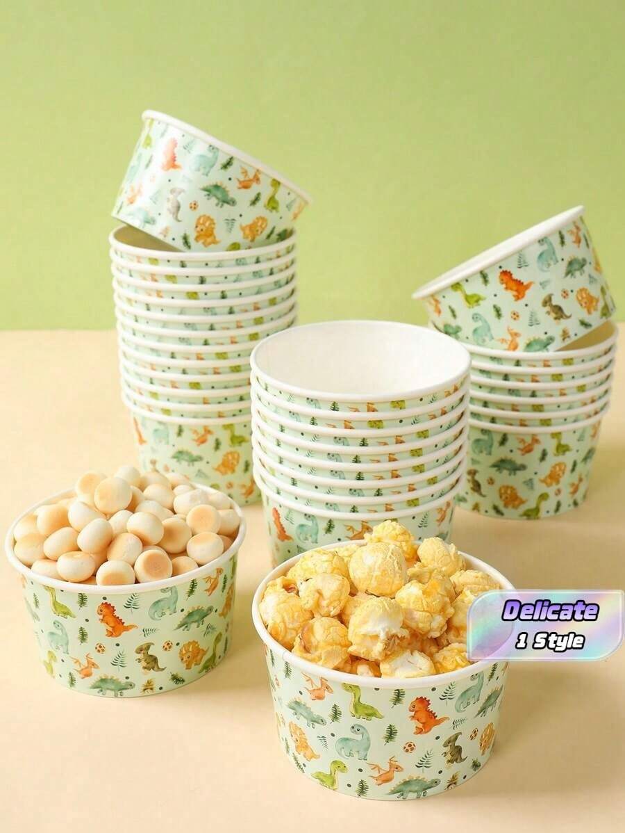 25pcs 8oz Disposable Paper Bowls, Suitable For Ice Cream Cups, Popcorn Boxes, Food Containers, Ideal For Home Kitchen, Restaurant Takeout, Picnic, Party, And Other Events, Perfect Choice For Kitchen Supplies And Food Packaging. Jungle Dinosaur Theme - Dinosaur - View 1