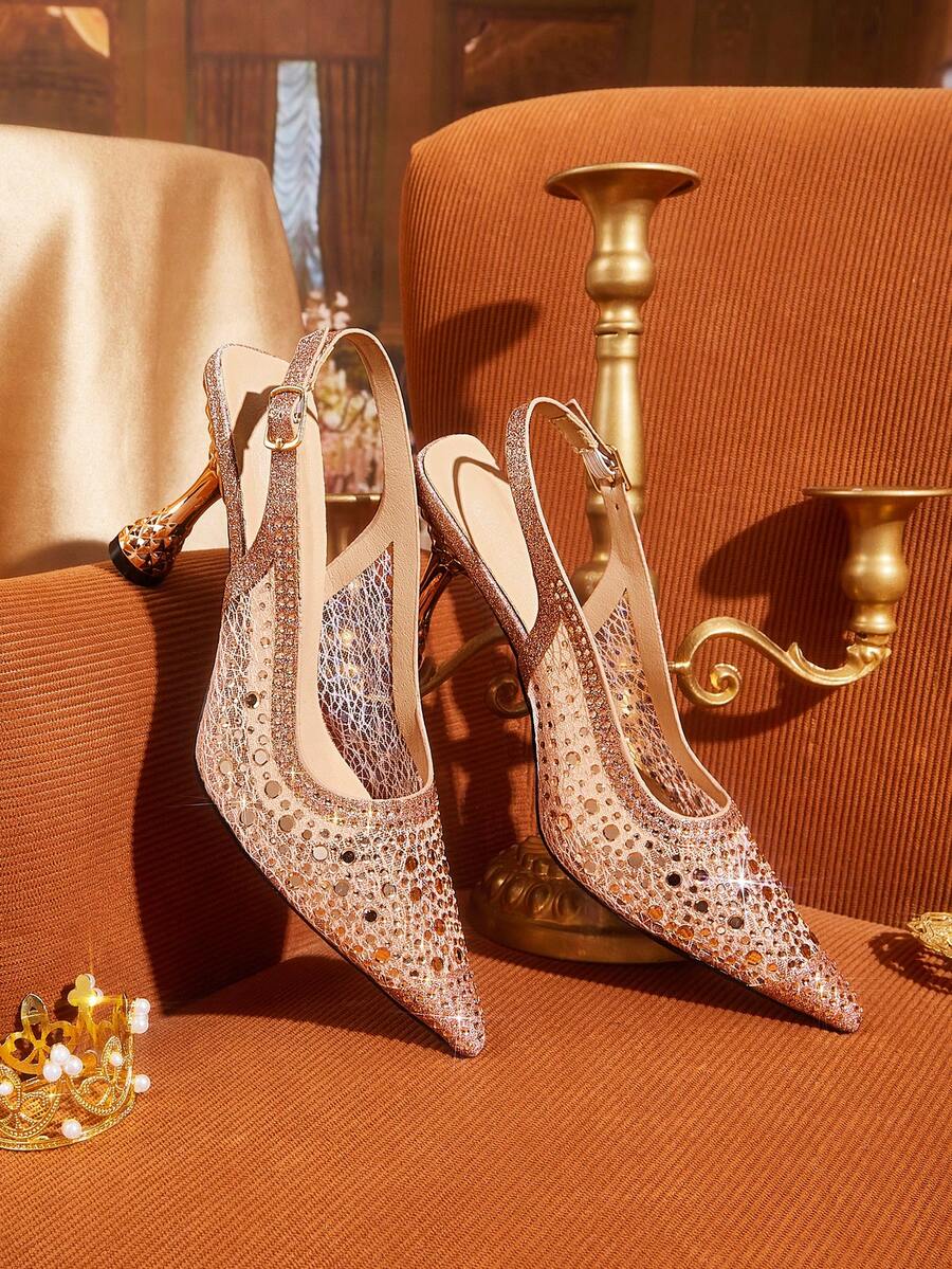 CUCCOO TILAWA Champagne Matte Mesh Sparkling Elegant Sexy Pointed Women's High Heels - Back Buckle Strap Exquisite And Stylish Design, Using Design Stiletto Women Fall Shoes - Champagne - View 1
