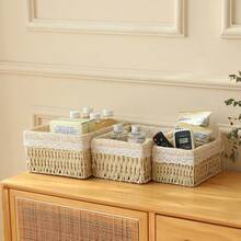 Haus Hana Boho Rattan Desk Storage Basket Set Of 3, Handwoven Wabi-Sabi Organizer With Floral Fabric Lining, Oriental Zen Style Cotton Rope Basket For Desktop, Vanity, Shelf, Small Sundries Storage - View 6