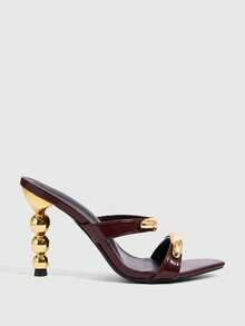 CUCCOO SZL Women's High-Heeled Sandals With Metal Buckles, Special-Shaped Heel, Fashion Party Dinner, Pointed Simple Slip-On High-Heeled Sandals - Burgundy - View 2