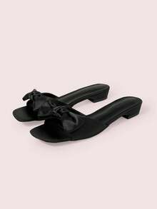CUCCOO DOLLMOD Black Ribbon Bow Low Heel Shoes - Square Toe Slippers For Parties, Weddings Or Bridal Dress-Up Occasions - Black - View 6