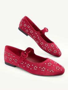 CUCCOO CHICEST Autumn And Winter Round Buckle Square Toe Flat Bottom Burgundy Mary Jane Wedding Shoes Banquet Commuter Shoes - Burgundy - View 5