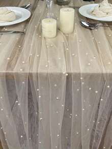 1pc Pearl Table Runner - Transparent Chiffon Fabric, Pearl Chiffon Decorated Table Runner Pearl Mesh Cake Dessert Table Tablecloth Solid Color Beautiful Background Cloth, Suitable For Wedding, Bridal Shower - Multicolor - View 11
