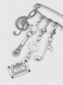 ROMWE Y2K Rock Music Style Silver Retro Fringed Brooch, Clothes Bag Accessories, Tape Microphone Notes Stars Sun Pendant, - Silver - View 4