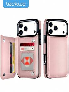 Teckwe Phone Case: (Double Buckle Microfiber Leather Case) Compatible With Iphone 18/17/16/15/14/13 Pro Max Plus AiR, Wallet Case With Card Holder, PU Synthetic Leather Kickstand Card Slot Case, Double Magnetic Buckle And Durable Shockproof Cover, Microfiber Leather Stand Design. - Pink - View 1