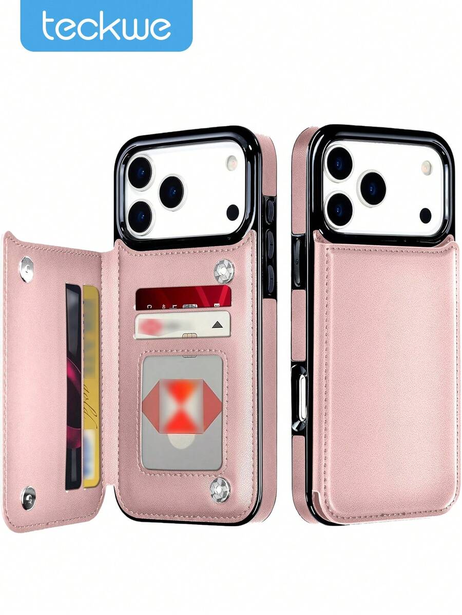 Teckwe Phone Case: (Double Buckle Microfiber Leather Case) Compatible With Iphone 18/17/16/15/14/13 Pro Max Plus AiR, Wallet Case With Card Holder, PU Synthetic Leather Kickstand Card Slot Case, Double Magnetic Buckle And Durable Shockproof Cover, Microfiber Leather Stand Design. - Pink - View 1
