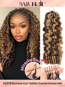 Boho Braids Miracle Knots Crochet Human Hair In 100% Remy Burmese Curl Feather Line Crochet Hair Braids Salon Silky Seamless Invisible Highlight Paino Color P4/27# Feather Crochet Human Hair Braiding For Women Micro Pre Looped Burmese Curly Extensions - S4/27 - View 1
