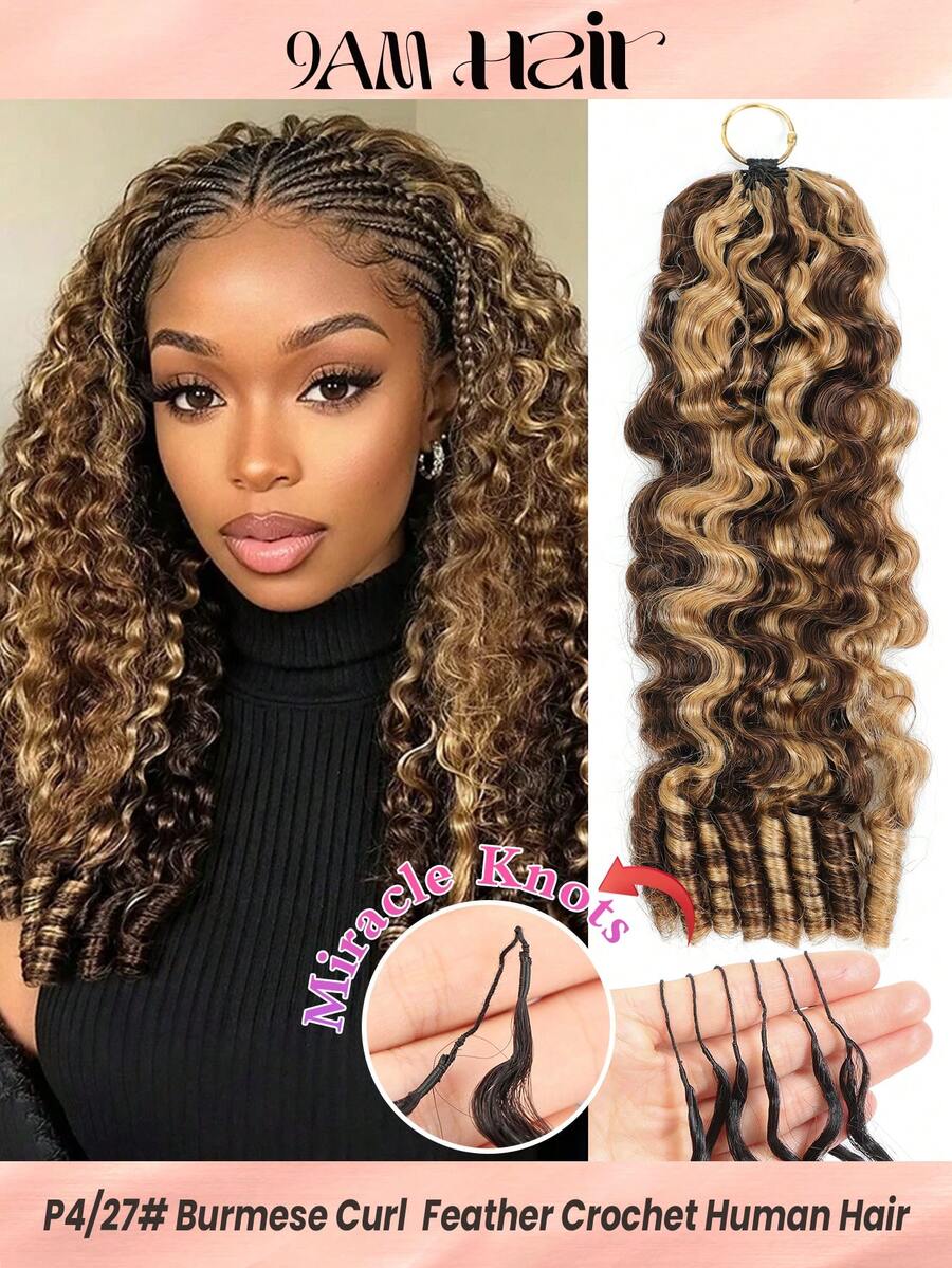 Boho Braids Miracle Knots Crochet Human Hair In 100% Remy Burmese Curl Feather Line Crochet Hair Braids Salon Silky Seamless Invisible Highlight Paino Color P4/27# Feather Crochet Human Hair Braiding For Women Micro Pre Looped Burmese Curly Extensions - S4/27 - View 1