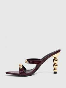 CUCCOO SZL Women's High-Heeled Sandals With Metal Buckles, Special-Shaped Heel, Fashion Party Dinner, Pointed Simple Slip-On High-Heeled Sandals - Burgundy - View 4