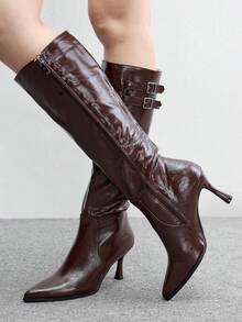 CUCCOO BIZCHIC Ladies' Shiny Double Buckle Straight Leg High Boots With Pointed Toes And Adjustable Drawstring, Maillard Retro Autumn And Winter Fashion Boots - Reddish-brown stiletto - View 3