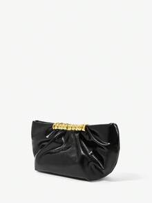 Maija Ladies Fashionable Elegant Simple Black Faux Leather Gold Hardware Decorative Clutch Bag, Party Banquet Dating Daily Afternoon Tea - Black - View 3