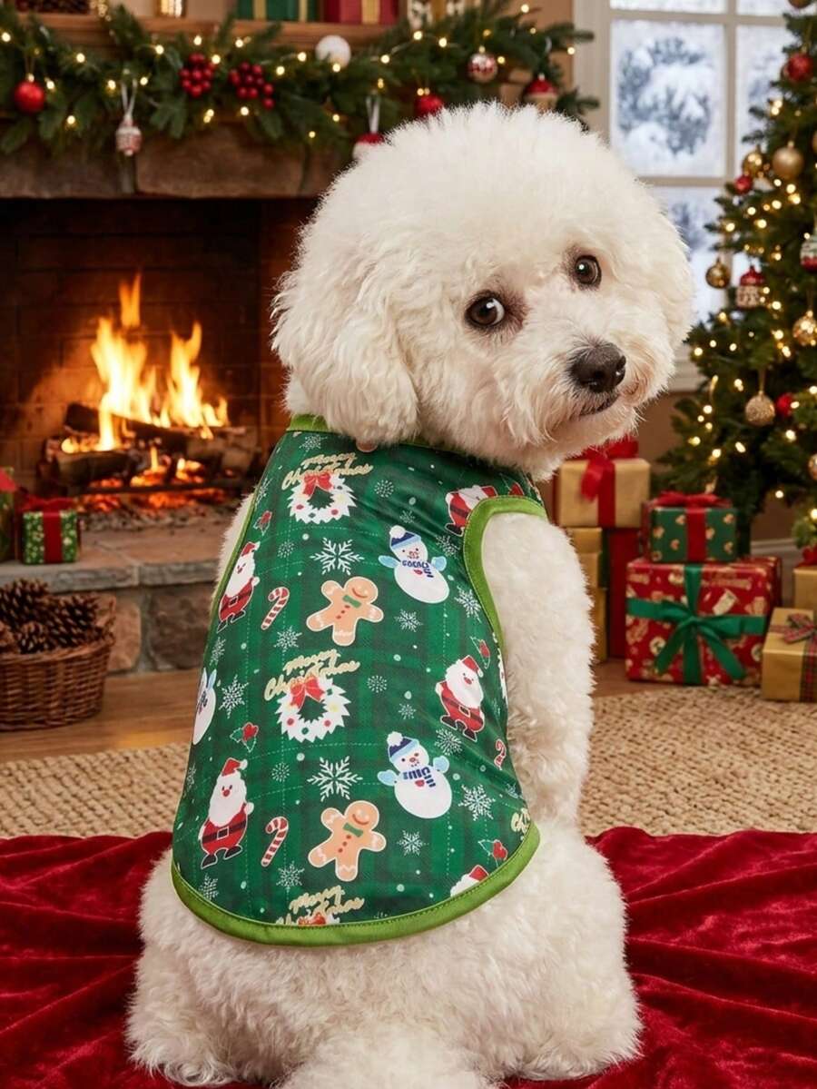 PETSIN 1pc Green Snowman Pattern Breathable Lightweight Dog/Cat Vest, New Christmas Design - Multicolor - View 1