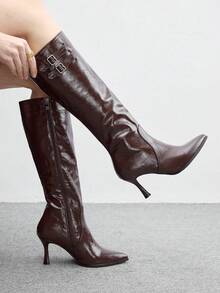 CUCCOO BIZCHIC Ladies' Shiny Double Buckle Straight Leg High Boots With Pointed Toes And Adjustable Drawstring, Maillard Retro Autumn And Winter Fashion Boots - Reddish-brown stiletto - View 2