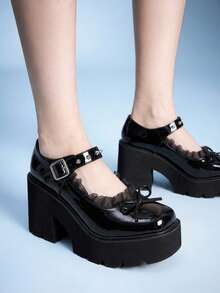 Sugerpunk Sepatu Wanita Modis Hak Miring Platform, Gaya Punk Gothic Gelap dengan Hiasan Pita dan Inlay Rivet, Pita - karbon hitam - View 6