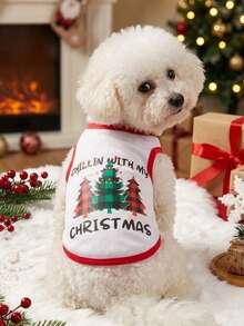 PETSIN 1pc Christmas Pet Vest, Eye-Catching Red And Green Checkered Christmas Tree Print, Breathable And Skin Friendly Printed Pet Vest With Red Border Contrasting Design - Multicolor - View 3