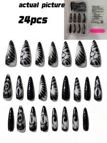 24pcs Goth Dark System Nail Stickers, Cat Eye Pattern + Black & Silver Gradient, Mysterious Filter Welded On Fingertips, Suitable For Daily Dates, Afternoon Tea, Outings Nails Nail Supplies - Multicolor - View 10