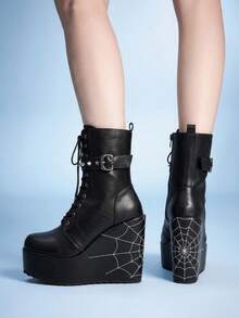 Sugerpunk Women's Thick-Soled Thick-Heeled Mid-Boots, Punk-Style Goth-Style Rivet Straps, Spider Web Embroidery, Thick-Soled Wedge-Heeled Sub-Culture Mid-Boots, Fall Boots - Black - View 11