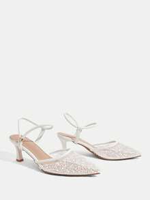 CUCCOO TILAWA Women Shoes Pearl Rhinestone Ornament Breathable Mesh, Pointed Thin Middle Heel, Elegant Wedding Shoe Style, White Strap Mules Sandals - Beige - View 10