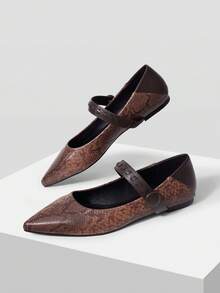 Mnmlis Commuter Pointed Shoes Fashionable Snakeskin Splicing Soft Leather Buckle Low Vamp Flat-Soled Shoes Fall Shoes - Brown (snake pattern) - View 2