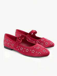 CUCCOO CHICEST Autumn And Winter Round Buckle Square Toe Flat Bottom Burgundy Mary Jane Wedding Shoes Banquet Commuter Shoes - Burgundy - View 2