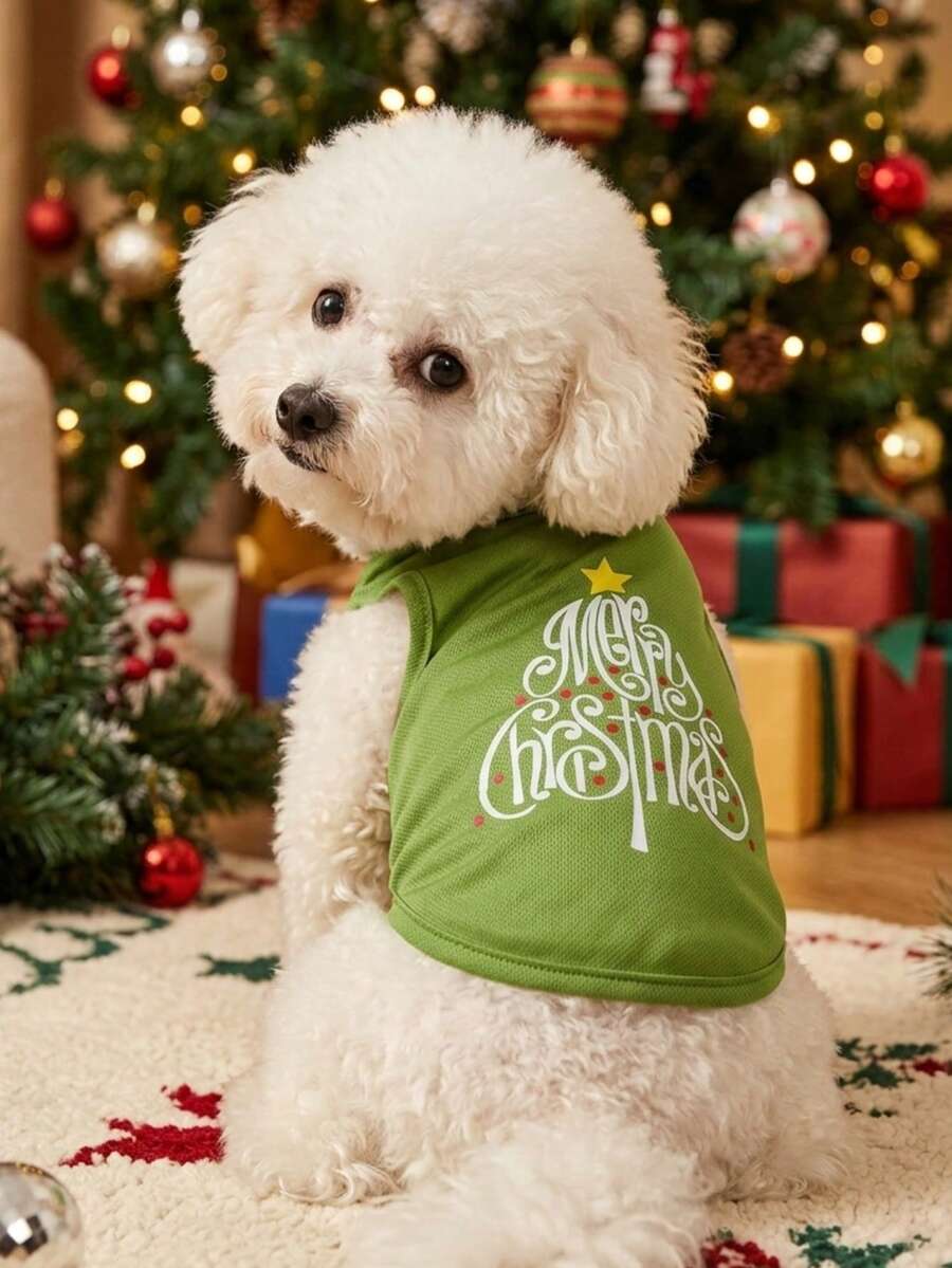 PETSIN 1pc Green Christmas Tree Print Pet Vest For Holiday - Multicolor - View 1