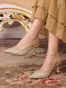 CUCCOO TILAWA Gold Matte Mesh Sparkling Elegant Sexy Pointed Women's High Heels - Rear Buckle Strap Exquisite And Stylish Design, Using Design Stiletto Women - Gold - View 2