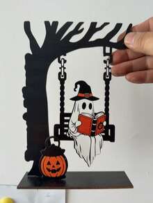 Wooden Halloween Ghost Themed Desktop Ornament, Swing & Book Corner Shelf Decor, Festive Atmosphere Tabletop Display For Home Decoration - View 16