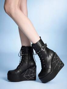 Sugerpunk Women's Thick-Soled Thick-Heeled Mid-Boots, Punk-Style Goth-Style Rivet Straps, Spider Web Embroidery, Thick-Soled Wedge-Heeled Sub-Culture Mid-Boots, Fall Boots - Black - View 5