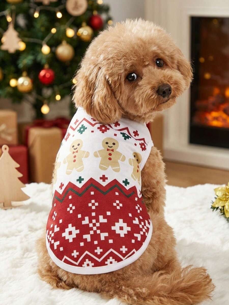 PETSIN 1pc Pet Christmas Red Gingerbread Cute Geometric Fairisle Pattern Print Dog Vest - Multicolor - View 1