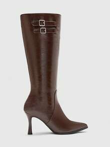 CUCCOO BIZCHIC Ladies' Shiny Double Buckle Straight Leg High Boots With Pointed Toes And Adjustable Drawstring, Maillard Retro Autumn And Winter Fashion Boots - Reddish-brown stiletto - View 5