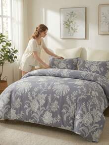 Cirelle 2/3pcs Floral Botanical Print Quilt Cover Set – Jacquard Textured Super Soft Polyester Bedding, Breathable & Machine Washable (1 Cover + 2 Pillowcases, No Insert), For Double/Queen/King Bed, Student Dorm & Home - Purple - View 2