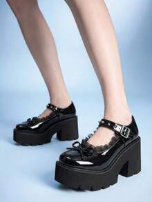 Sugerpunk Sepatu Wanita Modis Hak Miring Platform, Gaya Punk Gothic Gelap dengan Hiasan Pita dan Inlay Rivet, Pita - karbon hitam - View 1