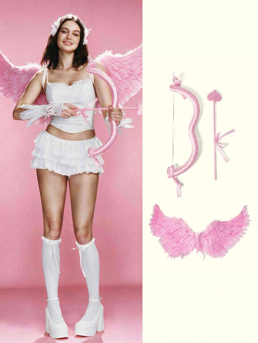 Popjeli Cupid Heart Bow And Arrow Wings Set, Halloween Cosplay Props - Rose pink - View 1