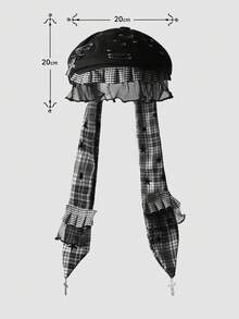 MortiRose 1 Buah Topi Baret Retro Kotak-kotak Gaya Punk Y2K Hitam dengan Pin Logam, Motif Salib, Bintang, dan Polka Dot, Pinggiran Renda Abu-abu Dekoratif - Hitam - View 6