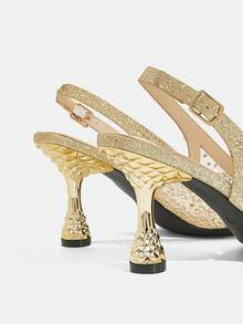 CUCCOO TILAWA Gold Matte Mesh Sparkling Elegant Sexy Pointed Women's High Heels - Rear Buckle Strap Exquisite And Stylish Design, Using Design Stiletto Women - Gold - View 9