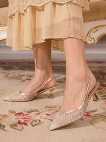 CUCCOO TILAWA Ladies Pointed Square Mouth Wine Glass Lacquered Square And Flat Net Hot Rhinestones. Slingback Shoes, Romantic And Sexy. Four Seasons Festival - Champagne - View 8