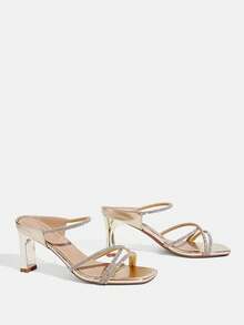 CUCCOO TILAWA Ladies Fashion Square Toe Rhinestone Decorative Elegant High Heel Sandals, Gold, Spring/Summer Shoes - Gold - View 10