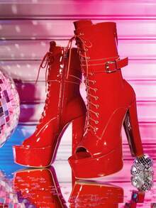 CUCCOO LuxiPop Outdoor Ladies Round Toe Thick Heel Thick Bottom Stylish Simple Comfortable Daily Party Night Club Side Zipper Boots Fall Boots - Mirror, red - View 2