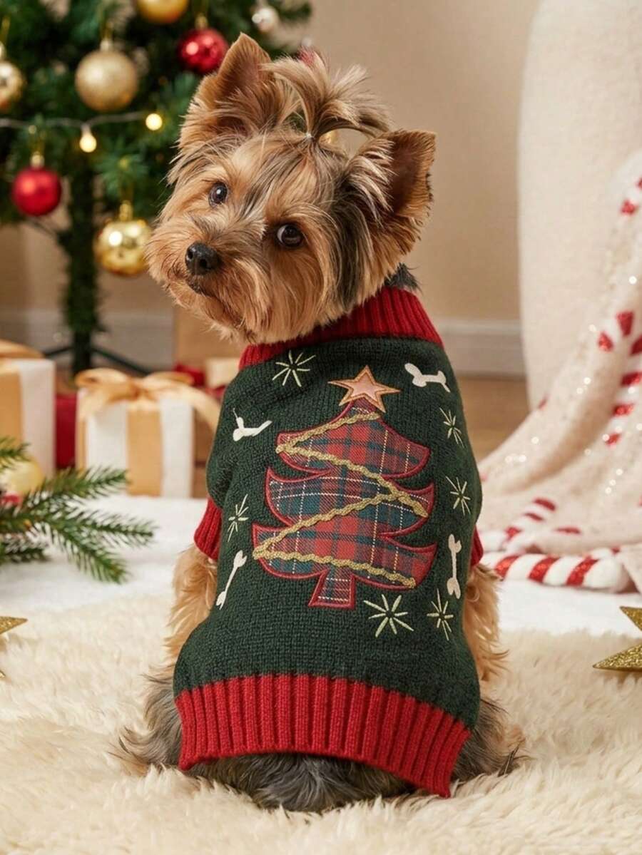 PETSIN Fashionable And Warm Christmas Winter Pet Sweater With Christmas Tree Bone And Star Patterns Festive Outfit For Cats And Corgis - Multicolor - View 1