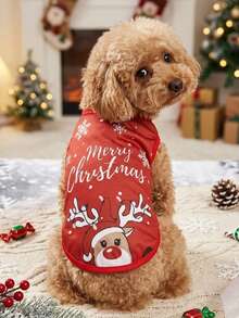PETSIN 1pc Pet Christmas Reindeer & Snowflake Pattern Breathable Lightweight Dog Vest, Red - Multicolor - View 1
