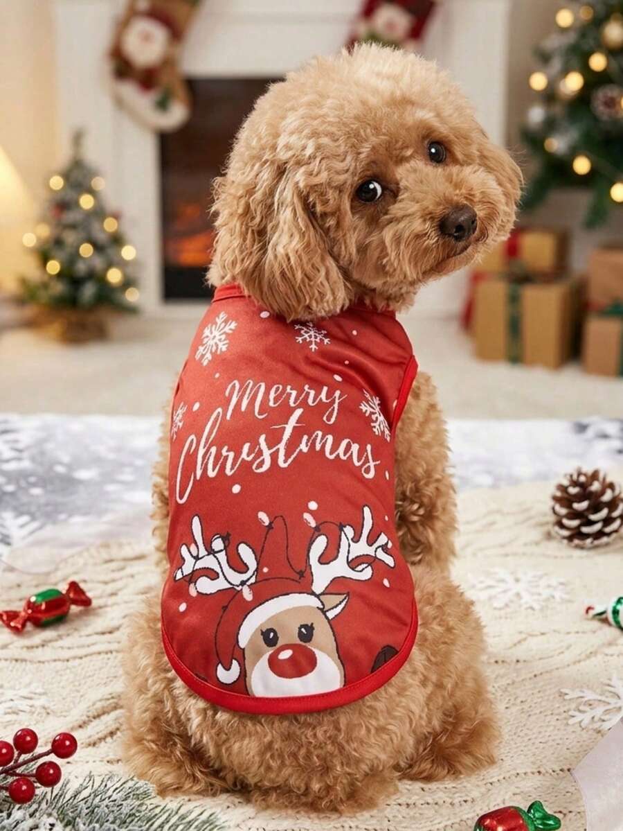 PETSIN 1pc Pet Christmas Reindeer & Snowflake Pattern Breathable Lightweight Dog Vest, Red - Multicolor - View 1
