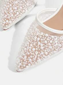 CUCCOO TILAWA Women Shoes Pearl Rhinestone Ornament Breathable Mesh, Pointed Thin Middle Heel, Elegant Wedding Shoe Style, White Strap Mules Sandals - Beige - View 6
