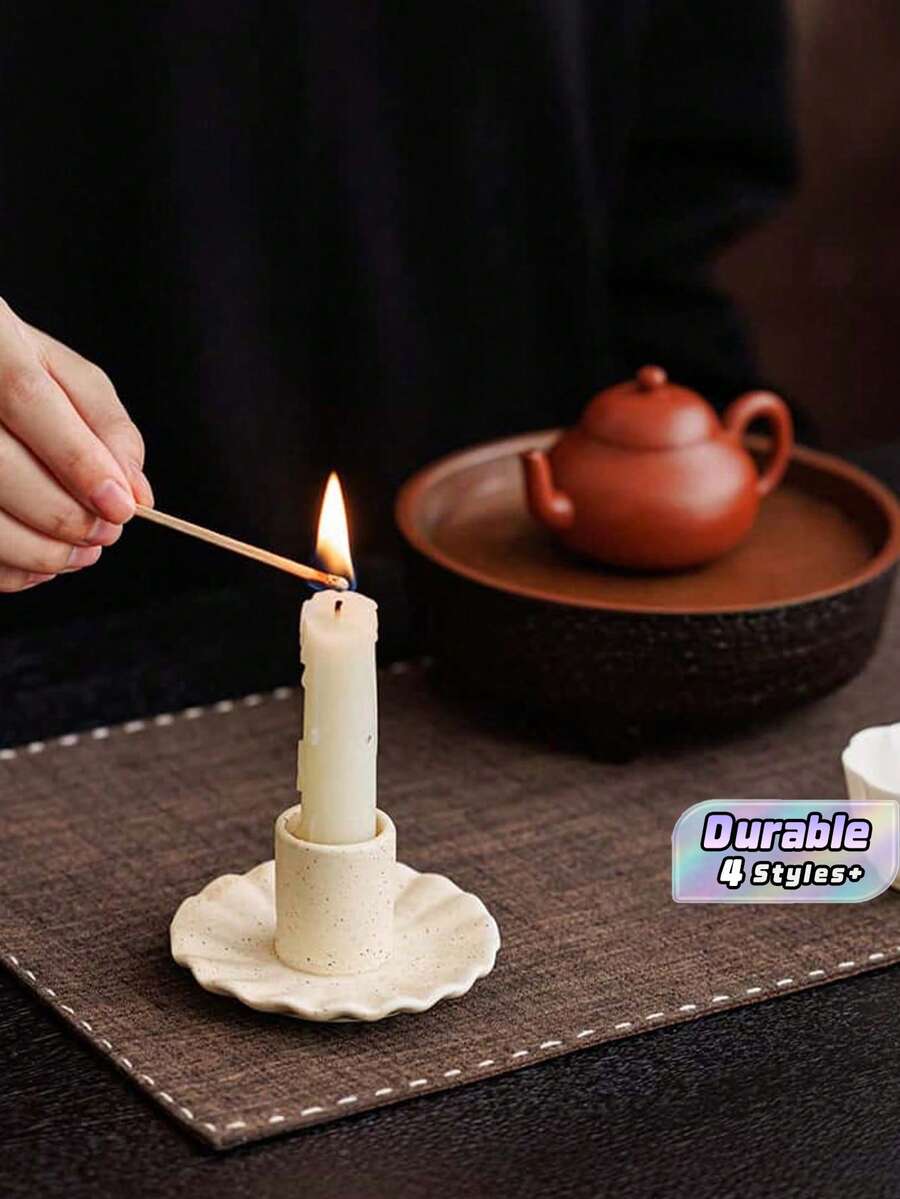 Cream‑Style Ruffled Edge Ceramic Taper Candle Holder, Elegant Taper Candlestick, Ins Aesthetic Soft‑Decor Desktop Ornament, Ambience‑Boosting Home Table Decoration For Living Room Dining Room - 1PC - View 1