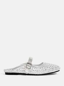 CUCCOO TILAWA Stylish And Elegant, Sparkling Rhinestone Mesh Mary Jane Mules Flats, Round Toe Sandals With Adjustable Buckle - Silver - View 3