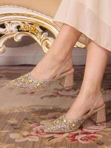 CUCCOO TILAWA Sepatu Wanita Hak Persegi dengan Hiasan Berlian Imitasi Kaca, Sepatu Hak Tinggi Wanita Berujung Lancip, Cocok untuk Acara Keluar Rumah, Perjamuan, Pesta, dan Kegiatan Lainnya - Emas pucat - View 2